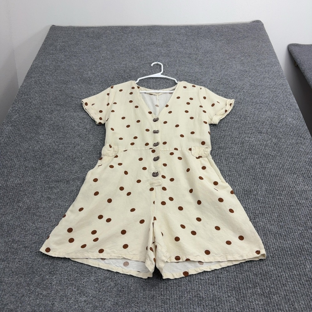 Moon River Romper Womens M Cream Linen Blend Polka Dot Button Front Casual Boho